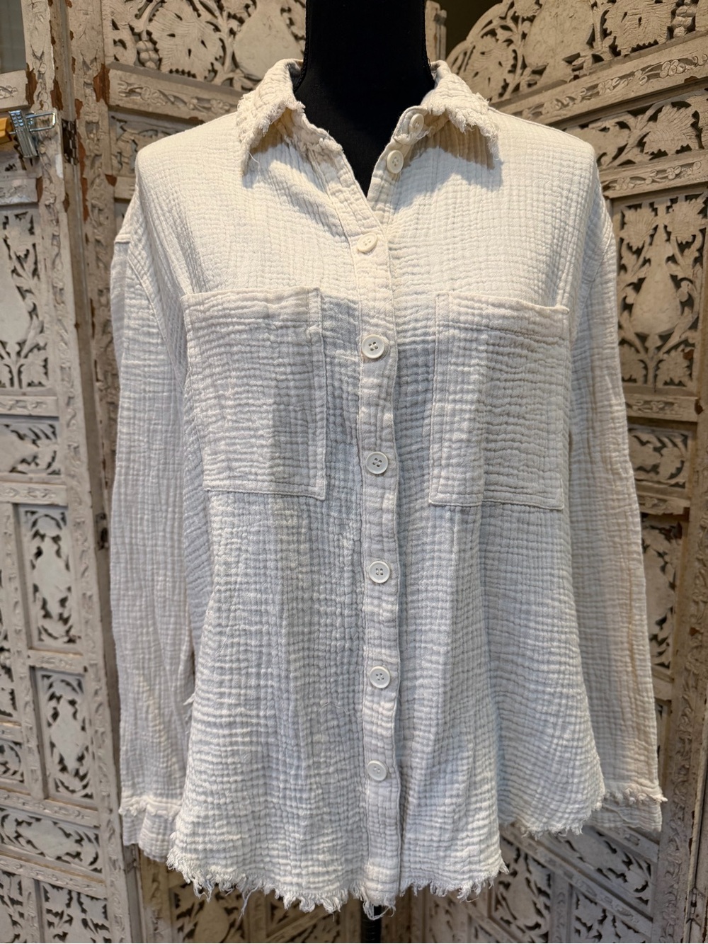 Pink Lily White Textured Button-Front Shirt
